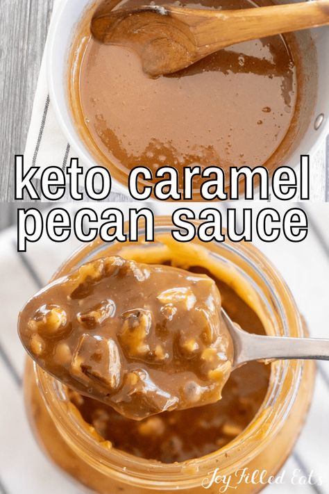 This Keto Caramel Pecan Sauce is the perfect topping for all your sweet treats. Not only is it delicious and nutty in flavor, but it's keto-friendly and sugar-free, too. Add this to cupcakes, cake, cookies, or drizzle on top of homemade ice cream as well. You can't go wrong with however you want to use this delicious pecan caramel sauce. Pecan Caramel Sauce, Caramel Pecan Sauce, Keto Caramel, Trim Healthy Mama Dessert, Pecan Sauce, Keto Sauces, Joy Filled Eats, Low Carb Sweets, Caramel Pecan