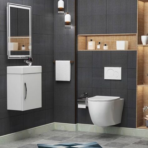 Wall Hung Toilet With Storage, Wall Hung Toilet Ideas, Cloakroom Basin Vanity Units, Bathroom Modern Luxury, Floating Toilet, Bathroom Wallpaper Modern, Latest Door Designs, Hanging Toilet, Cloakroom Suites