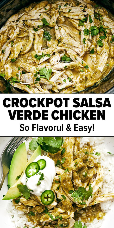 Crockpot salsa verde chicken Slow Cooker Chicken Salsa Verde, Chicken With Verde Salsa, Chicken With Salsa Crockpot, Green Chicken Crockpot, Easy Healthy Crock Pot Dinner, Crockpot Chicken Verde Recipes, Chile Verde Chicken Crockpot, Salsa Verde Queso Crockpot Chicken, Slow Cooker Chicken Shredded