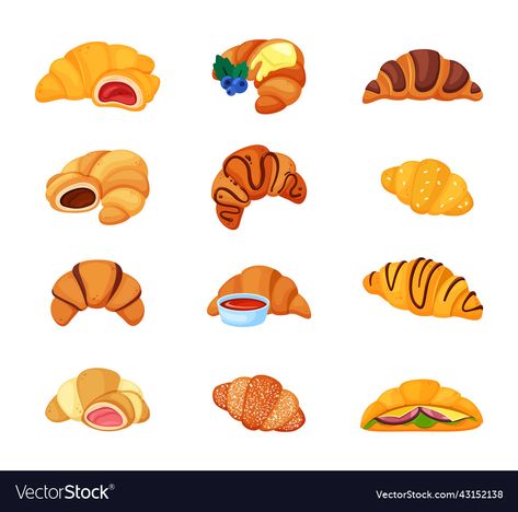 Croissant Cartoon, Croissant Vector, Croissant Illustration, Fresh Croissant, Strawberry Vector, Strawberry And Chocolate, Bakery Products, Chocolate Croissant, Favourite Food