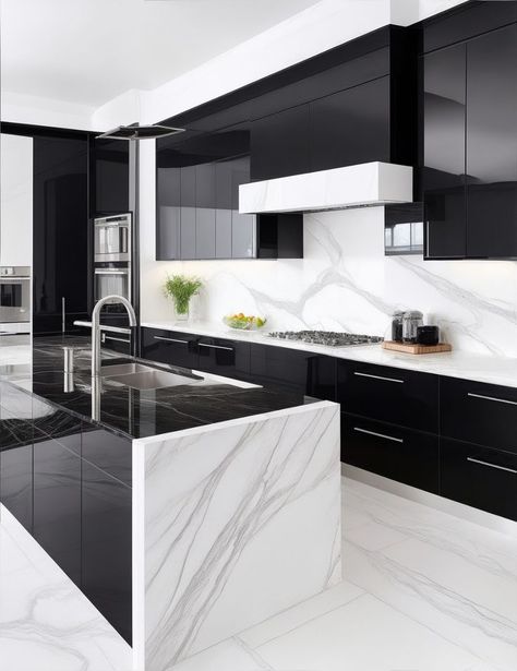 Black Kitchen With White Marble, White And Grey Marble Countertops, Black White Kitchen Modern, Black And White Marble Kitchen, Household Aesthetic, Black Marble Kitchen, White Glossy Kitchen, Black And White Modern Kitchen, Modern Black And White Kitchen