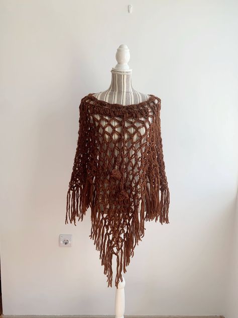 Vintage Brown Lace Crochet Poncho for Women, Chunky Fishnet Acrylic Wool Poncho, Fringed Shawl Wrap, Bohemian Mesh Pullover Sweater by BlastFromThePastBags on Etsy Sequin Poncho, Poncho For Women, Poncho Fashion, Lace Poncho, Womens Poncho, Fringe Shawl, Crochet Poncho Patterns, Wool Poncho, Poncho Pattern