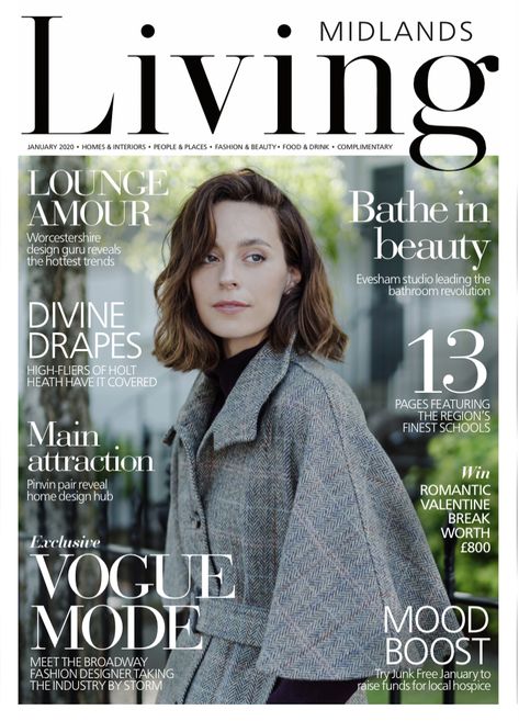 Jackie Maguire Midlands Living Magazine Front cover January 2020 #fashionfeature #coverphoto #frontcover #britishfashion #madeinengland #sustainablefashion #jackiemaguire_ #beltedcapecoat # Real Simple Magazine Covers, Fashion Magazine Front Cover, Home Magazine Cover, Interior Magazine Cover, Magazine Front Cover Design, Magazine Layout Design Cover, Lifestyle Magazine Cover, Magazine Front Page, Front Page Magazine