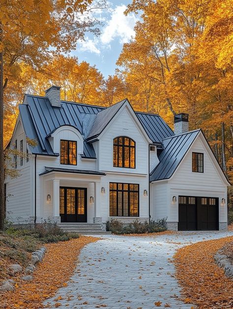 Fall Home Exterior, Dutch Doors, Farmhouse Exterior Design, Paint Color Ideas, Villa Style, Building Plans House, Exterior Paint Color, Home Temple, White Farmhouse