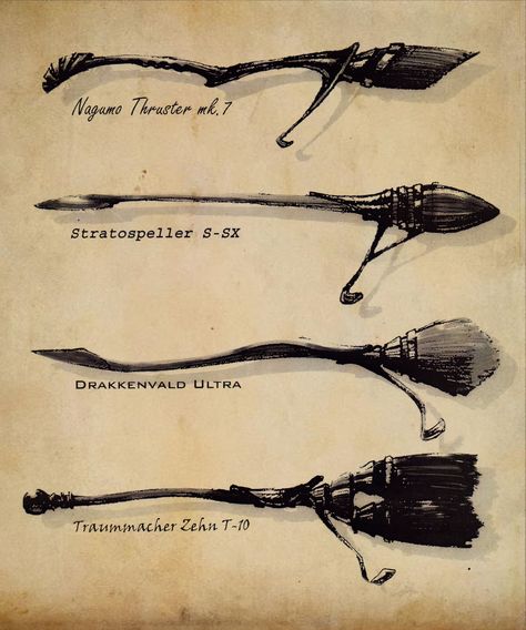 Racing brooms, Midhat Kapetanovic on ArtStation at https://www.artstation.com/artwork/dAmRW Broom Stick Harry Potter, Flying Broom Concept Art, Hp Broomstick, Hogwarts Legacy Brooms, Broomstick Aesthetic, Broomstick Harry Potter, Harry Potter Broomsticks, Broom Harry Potter, Harry Potter Drawing Ideas