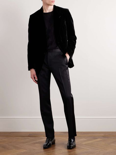 TOM FORD Shelton Velvet Tuxedo Jacket | MR PORTER Goth Mens Suit, Black Corduroy Suit Men, Mens Black Cocktail Attire, Goth Wedding Guest Outfit Men, Full Black Tuxedo For Men, Velvet Outfit Men, All Black Cocktail Attire Men, Black Party Wear Men, High Fashion Mens Suit