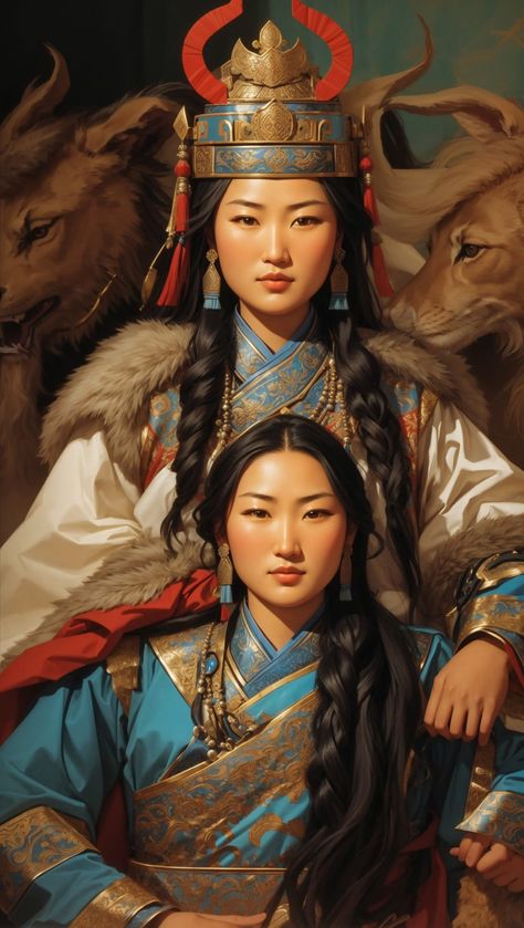 Mongolian Woman Art, Mongolian Mythology, Genghis Khan Art, White Hair Character Design Female, Mongolian Queen, Mongolian Woman, Mongolia Art, Mongol Art, Chinese Queen