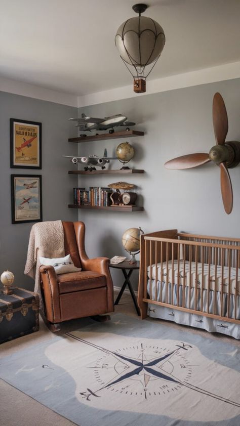 Aviation-themed baby boy nursery with vintage planes, globes, and travel-inspired decor. Airplane Baby Room, Airplane Nursery Theme, Vintage Airplane Theme, Airplane Boys Room, Vintage Nursery Boy, Vintage Boys Room, Baby Boy Nursery Ideas, Boy Nursery Ideas, Aviation Nursery