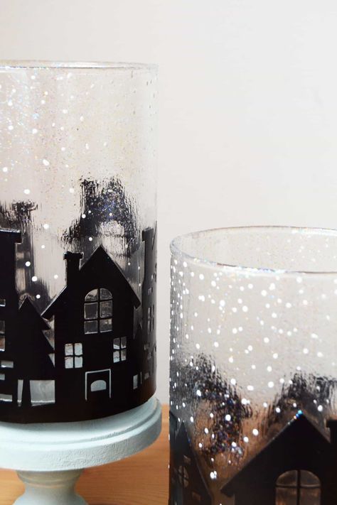 DIY Winter Vases for a Snowy Centerpiece! Cricut Candle Holder, Cylinder Vase Decor, Diy Christmas Vases, Winter Vase, Painting Jars, Cricut Candles, Mod Podge Glass, Silhouette Vase, Winter Mantel Decor