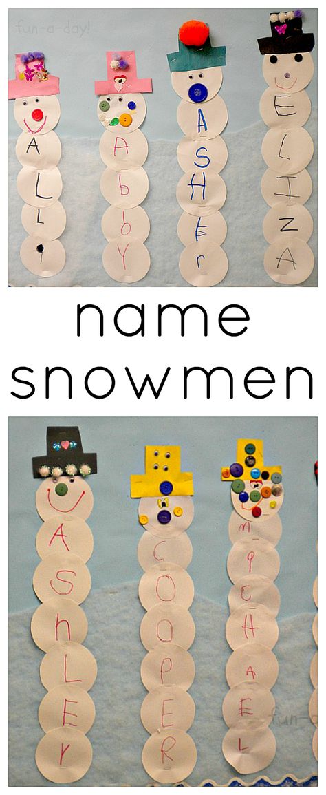 Name Snowmen from www.fun-a-day.com - A fun snowman craft that helps kids learn their names! Name Snowman, Jar Projects, Preschool Craft, Winter Preschool, Daycare Crafts, Winter Crafts For Kids, Preschool Christmas, Classroom Crafts, Snowman Crafts