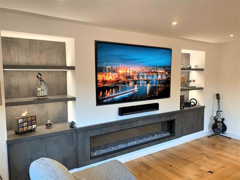 Alcove Linear Media Furniture Newcastle – NKBCO Media Wall Mantle, Media Wall Alcove Ideas, Media Wall Seating, Gaming Media Wall, Traditional Media Wall With Fireplace And Tv, Diy Media Wall, Tv Wall Design With Fireplace, Living Room Tv Wall Design, Room Tv Wall Design