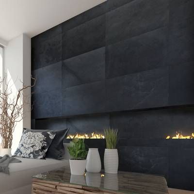 Flexible Stone Veneer, Black Slate Tiles, Stone Veneer Wall, Stone Feature Wall, Stone Walls Interior, Slate Fireplace, Manufactured Stone Veneer, Apartment Vibes, Renovation Tips