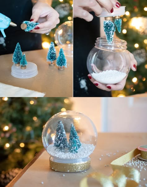 Snow Globe Diy Ornament, Winter Diy Decorations, Dollar Tree Snow Globes, Christmas Easy Crafts, Dollar Store Snow Globe, Ornament Snow Globe Diy, Dollar Tree Snow Globe Ornament, Diy Mini Snow Globe, Diy Dollar Tree Christmas Crafts