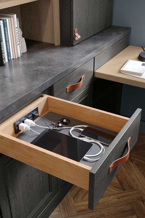 This drawer, with two 120V plugs and two USB ports, includes a non-slip mat and soft close hardware to take the best care of your digital life. Decora Cabinets, Home Office Inspiration, Kitchen Cupboard Designs, Diy House Renovations, Home Office Ideas, Diy Kitchen Storage, Kitchen Storage Solutions, Kitchen Cabinet Organization, Built In Desk