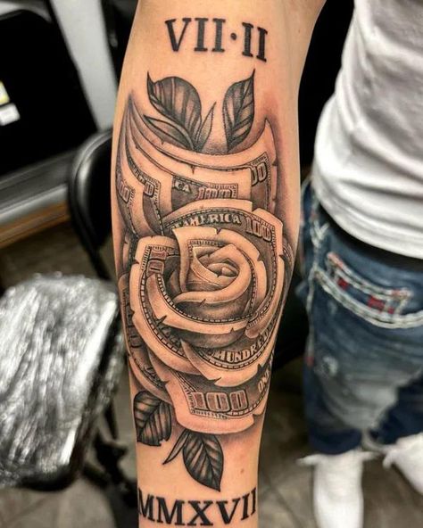 Money rose with roman numerals 100 Dollar Bill Rose Tattoo, Money Rose Tattoo Design, Money Flower Tattoo, Tattoos Ideas Female, Stencil Simple, Dollar Rose, Rose Money, Money Tattoos, Rose Tattoo On Side