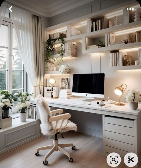 Feminine Home Offices, Home Office Cabinets, Cozy Home Office, Small Home Offices, White Desk, Office Guest Room, Office Room Decor, Dekorasi Kamar Tidur, Home Office Ideas