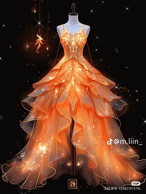 Fire Dress Art, Orange Gown Aesthetic, Fire Wedding Dress, Fire Fairy Outfit, Fire Dress Gowns, Fire Element Outfit, Fire Inspired Dress, Fire Gown, Gown Aesthetic