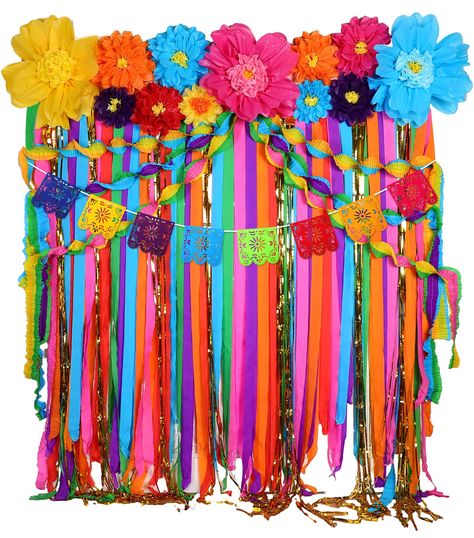 PRICES MAY VARY. A Nice Combination: you will get 12 pieces of Mexican paper flowers in 6 colors and 4 sizes with 1 sheet of glue and 1 roll of white ribbon, 6 pieces of party streamers in 6 colors, each color has 1 piece, 6 pieces of ruffled party streamers in 3 colors, 1 piece of gold metallic foil curtain, and 1 piece of Papel Picado banner, the nice combination can meet your various use and decoration needs for your Fiesta party Satisfy Your Fiesta Party Needs: our Mexico party decorations a Papel Picado Centerpiece, Fiesta Theme Party Diy, Cool Party Decor, Mexican Sweet 16 Party Ideas, Three-esta Birthday Party Decorations, Mexican Theme Backdrop, Fiesta Birthday Party Decorations, Mexico Party Decorations, Mexican Fiesta Theme Party