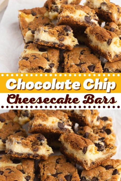 Treat yourself with these incredible chocolate chip cheesecake bars! With a cookie crust and a cheesecake topping, they're the best of both worlds. Chocolate Chip Cookie Cheesecake Bars, Cookie Cheesecake Bars, Easy Cheesecake Recipe, Cheesecake Topping, Cheesecake Bars Easy, Chocolate Chip Cheesecake Bars, Chocolate Chip Cookie Cheesecake, Cheesecake Bar, Cookie Cheesecake