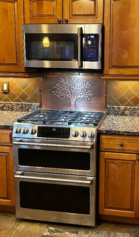 Installation of this copper backsplash tiles are designed to be used for any type of wall in your kitchen. Built In Stove Top Countertops, Slide In Range With Backsplash, Slide In Stove Backsplash, Gas Stoves Kitchen, Cabinet Layout, Copper Tile Backsplash, Bike Storage Garage, Stove Backsplash, Kitchen Cabinet Layout