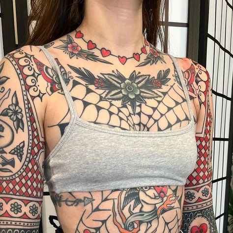 Alexander Perry on Instagram: "A bunch of work on @giulidavanzo" Flash Art Sleeve Tattoo, American Traditional Tattoos Chest Piece, American Traditional Back Piece Woman, American Trad Sleeve, Shoulder Tattoos Traditional, American Traditional Chest Tattoo Women, Large American Traditional Tattoo, Traditional Style Tattoo Sleeve, American Traditional Tattoos Chest