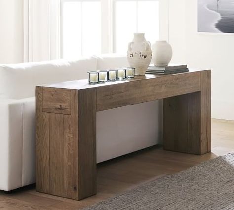 Raymond Reclaimed Wood Console Table (72") | Pottery Barn Reclaimed Wood Console Table, Computer Desks, Writing Desks, Dovetail Joinery, Reclaimed Oak, Office Desks, Wood Console Table, Wood Console, Kiln Dried Wood