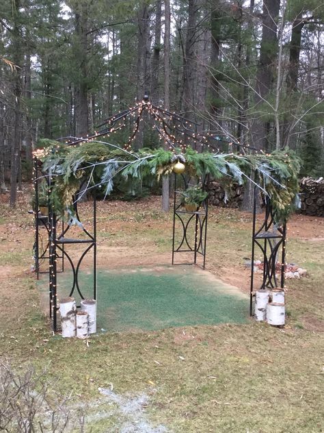 Upcycle Gazebo Frame, Repurpose Metal Gazebo Frame, Repurposed Gazebo Frame, Repurpose Gazebo Frame, Decorated Gazebo, Christmas Gazebo, Upcycle Frames, Branch Garland, Winter Yard