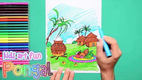 How to draw and color Pongal festival Pongal Doodle Art, Pongal Drawing Ideas, Pongal Festival Mandala Art, Pongal Festival In Tamil, பொங்கல் கோலம், Happy Pongal, Lord Murugan, Oil Pastel Drawings, Art Drawings For Kids