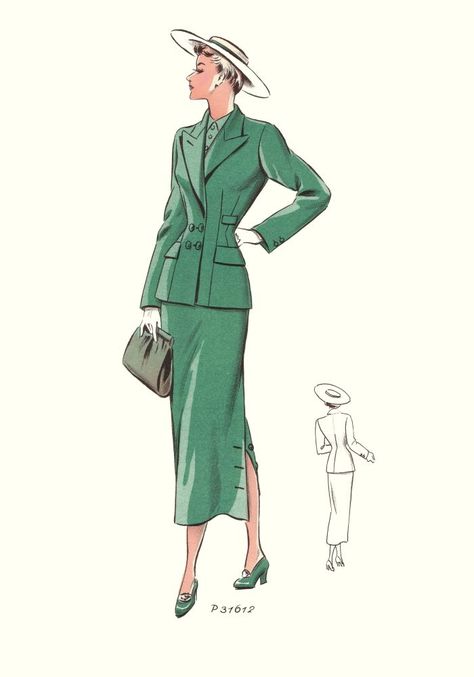 1949_tailleur_11 Fashion 1940s Style, 60s Vintage Fashion, Suits Vintage, 1940's Fashion, Jacques Fath, Fashion Decades, Fashion Design Template, Fashion 1940s, Fashion Illustration Vintage