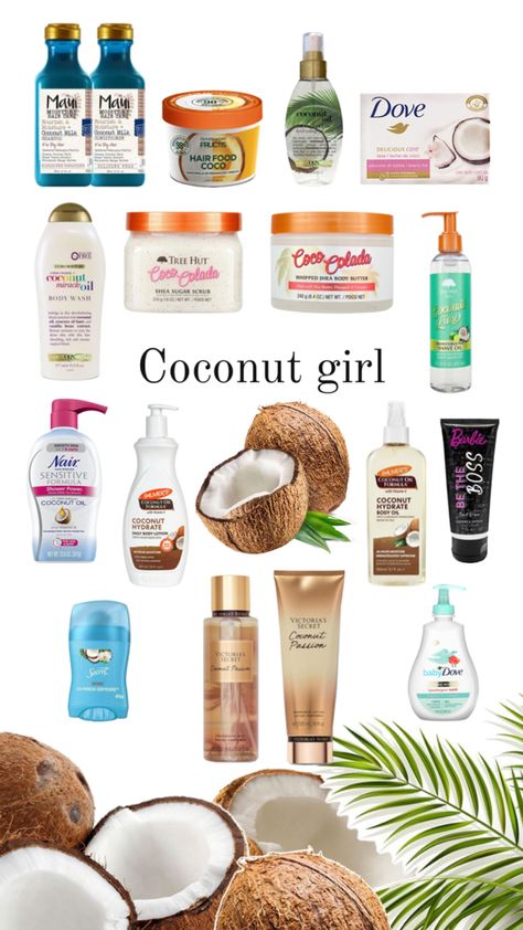 My routine to smell like coconut 🥥 🌴 Coconut Hygiene Routine, Coconut Self Care, Shower Routine Coconut, Coconut Body Care Routine, Coconut Body Products, Coconut Self Care Products, Coconut Shower Products, Scents To Smell Like, Coconut Sent