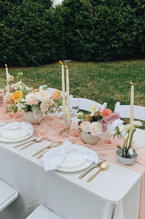 Dainty Table Setting, White Yellow Pink Wedding Decor, Simple Spring Wedding Tablescapes, Pink And Yellow Table Setting, Bridal Shower Table Setting Simple, Floral Table Set Up, Pink And Yellow Table Decor, Pink And Yellow Wedding Decorations, Pink And Yellow Wedding Theme Table Settings