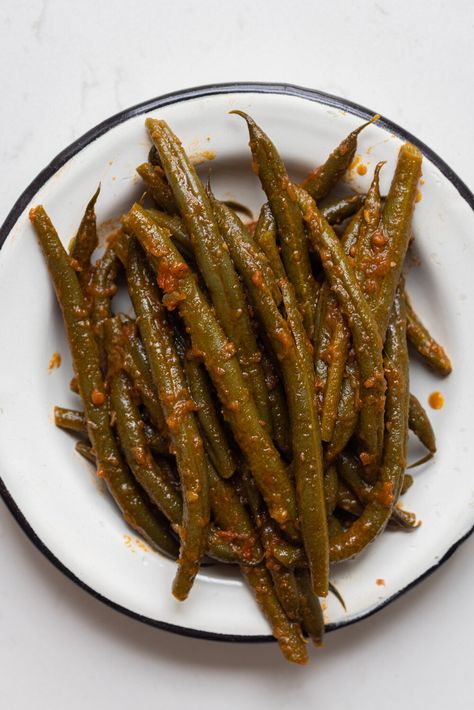 Matbucha Braised Green Beans — Middle Eastern Pantry & Recipes | New York Shuk Matbucha Recipe, Brown Dishes, Moroccan Carrot Salad, Braised Greens, Rosh Hashanah Recipes, Feta Chicken, Preserved Lemon, Pantry Recipes, Holiday Dinner Table