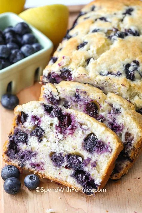 Lemon blueberry bread is a moist dessert loaf or delicious as muffins. It is a great way to use those final summer blueberries and lemons. This easy recipe is the best combination of blueberries and a sweet lemon glaze that my family absolutely loves! #spendwithpennies #lemonblueberryloaf #lemonblueberrybread #breadrecipe #dessert #breakfast #freezerfriendly #baking #blueberryrecipe Dessert Loaf, Lemon Blueberry Loaf, Apple Pie Bread, Bread Toppings, Blueberry Loaf, Lemon Blueberry Bread, Dessert Breakfast, Summertime Recipes, Blueberry Bread