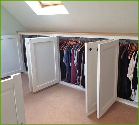 Dormer Bedroom Storage Ideas, Attic Dorma Bedroom Ideas, Built In Dresser In Attic Bedroom, Pitched Roof Closet, Attic Bedroom Storage Ideas, Small Attic Closet, Under Eaves Storage, Loft Conversion Bedroom, Attic Bedroom Storage