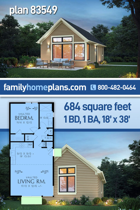 With only 684 sq ft, consider ADU Plan 83549 to add private living space on your property. This is a great option for housing aging parents so they can be close by. Our new ADU Plan is a simple footprint at 18' W x 38' D, and the great room has a vaulted ceiling with tons of windows for natural light. The kitchen is part of this open living space & contains everything you would expect in a larger home. One bedroom, laundry closet, and one full bathroom are all included in the floor plan design. 1 Bed 1 Bath House Plans, Mother Inlaw Suite House Plans, In Law Tiny House, In Law Apartment House Plans, Granny Suite House Plans, Ada Compliant House Plans, Backyard Guest House Plans, Tiny House Floor Plans One Level, One Bedroom Barndominium Floor Plans