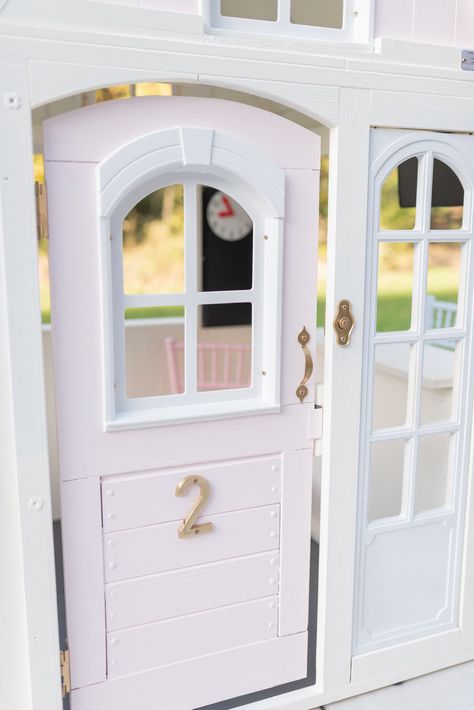 DIY Playhouse | The Broke Brooke Diy Playhouse Door, Step 2 Playhouse Makeover Inside, Pink And White Playhouse, Kid Kraft Playhouse Makeover Diy, Playhouse Windows, Playhouse Door, Pink Wood Playhouse, Cottage Playhouse, Playhouse Accessories