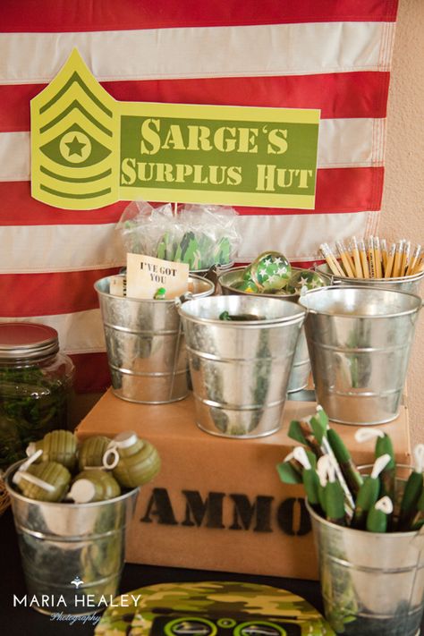 Sarge's Surplus Hut at an Army birthday party. Such a fun spot for the kids to collect their favorite party favors. Army Party Ideas, Abc Bootcamp, Army Birthday Party, Army Themed Birthday, Soldier Party, Halo Party, Camouflage Party, Army Birthday Parties, Army Birthday