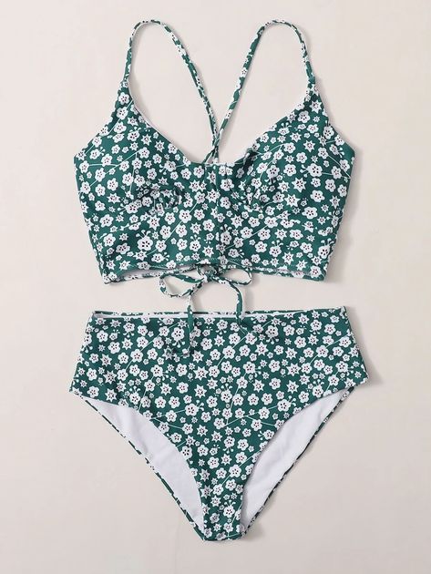 Ditsy Floral Lace-up Back Bikini Swimsuit | SHEIN USA Summer Bathing Suits, Swimsuits Outfits, Cute Bathing Suits, Summer Swim Suits, Cute Swimsuits, Cute Bikinis, Beachwear For Women, Ditsy Floral