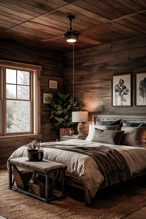 Cabin Bedrooms Rustic, Minimalist Rustic Bedroom, Wood And Stone Bedroom, Rustic Wood Bedroom Ideas, Cozy Rustic Bedroom Ideas, Rustic Industrial Bedroom Ideas, Rustic Moody Bedroom, Bedroom Ideas Farmhouse Style, Dark Rustic Bedroom