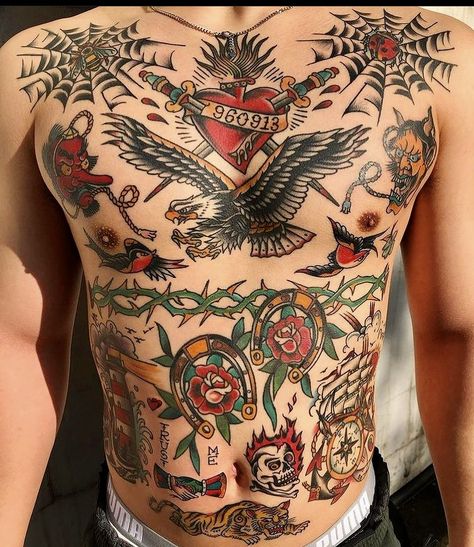 Traditional Tattoo Torso, Tatuajes Old School, American Style Tattoo, Traditional Chest Tattoo, Skateboard Tattoo, Traditional Chest, Tattoo Sleeve Filler, Traditional Black Tattoo, Traditional Tattoo Inspiration