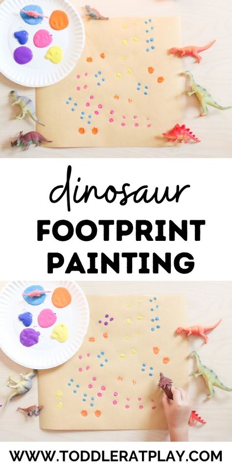 Super quick and easy-to-prepare activity for kids using toy dinosaurs!  #dinoactivity #paintingwithdinosaurs #toddleractivity Footprint Painting, Brown Paper Roll, Dinosaur Crafts Preschool, Dino Craft, Dino Footprint, Dinosaur Theme Preschool, Toy Dinosaurs, Dinosaur Activities Preschool, Dinosaurs Preschool