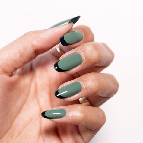 Two-Tone Green Nails are the Fall French Mani You've Got to Try - Lulus.com Fashion Blog Two Tone Green French Tip Nails, Green Nails With Green Tips, Green Tone Nails, Green On Green French Tip Nails, Two Tone Tips Nails, Tone On Tone Nails, Dark Green Nails Designs French Tips, 2 Tone Nails, Two Tone Green Nails