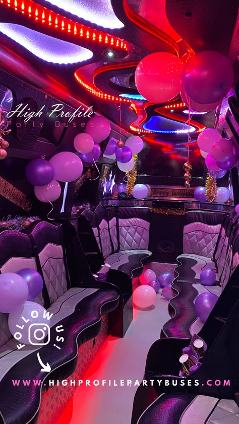 Lilac and white decorated party bus ready for the occasion #LondonPartyBus #Mercedes #party #partybus #Travelinstyle #Privatehire #luxuryrtravel #celebrate #share #together #family #memories #live #life #birthday #hendo #nightout #partyideas #postlockdown Party Bus 30th Birthday, Limo Decoration Ideas, 40th Birthday Party Bus Ideas, Party Bus Sweet 16, Sweet 16 Limo Party Ideas, Party Bus Decorations Birthday, Party Bus Ideas Birthday, Party Bus Birthday Ideas, Lit Birthday Party Ideas