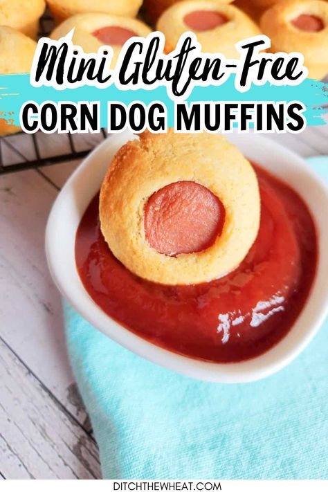 These homemade mini gluten free corn dog muffins will be a hit with kids. This recipe whips up in 20 minutes and is perfect for snacks and easy kid's gluten free school lunches. These fun treats combine the classic flavors of corn dogs with the convenience and portability of muffins. They are a great homemade corn dog muffin recipe. https://www.rfr.bz/pljsw6u Gluten Free Lunches For Kids, Cornbread Hot Dogs Mini Muffins, Mini Corndog Muffins, Cornbread And Hotdogs Mini Muffins, Gluten Free Mini Corn Dog Muffins, Gluten Free Corn Dogs, Gluten Free School Lunches, Snacks School, Dog Muffins