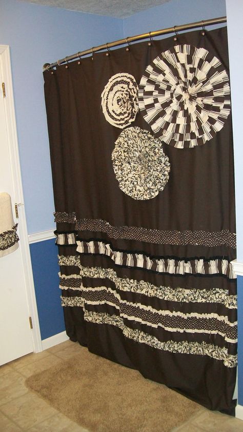 Shower Curtain Custom Made Designer Fabric Ruffles and Flowers Neutral Chocolate Brown, Tan, Cream, Black Dots Stripes Denim Curtains, Cream Curtains, Contour Rug, Bathroom Decor Luxury, Custom Made Curtains, Home On The Range, How To Make Curtains, Pretty Decor, Bathroom Redo