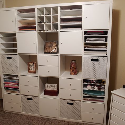 AVID BIBLE JOURNALER: BUILDING A CRAFT / HOBBY ROOM - IKEA KALLAX 5X5 Cube Storage. I bought the cabinet doors, the drawers, and the 9 cube insert from Ikea.com. The horizontal dividers, I bought from https://thesteadyhandshop.com/ - I had to paint them, as they come tan. The fabric cubes (white with gray polka dots) was purchased at Target.com: 13" Fabric Cube Storage Bin Gray Polka Dot - Threshold™ Cube Storage Office Organization, Cube Storage Drawers, Drawers For Cube Storage, Cube Storage Craft Room, Ikea Kallax 5x5 Ideas, Kallax 5x5 Ideas, Kallax Wall, Kallax 5x5, Craft Room Ikea