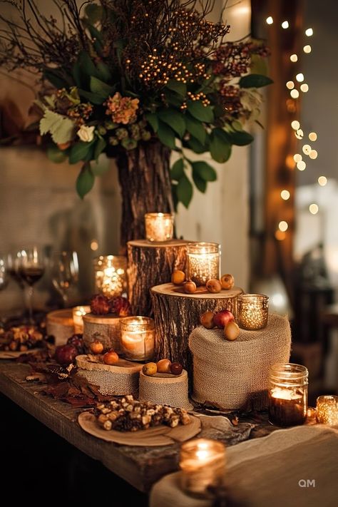 Rustic Fall wedding table decor with candles, burlap, and natural elements like tree stumps and leaves, creating a warm, romantic autumn atmosphere. Wedding Decorations Fall October, Rustic Sheek Wedding Decor, Boho Fall Wedding Tablescapes, Wedding Decor Ideas Boho, Autumnal Wedding Table Decor, Fall Wedding Fireplace Decor, Fall Wedding Venue Decor, Fall Wedding Sweetheart Table Decor, White Pumpkin Wedding Decor