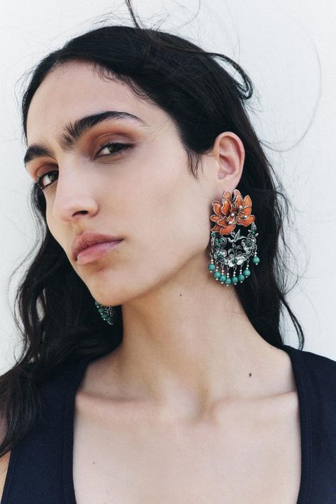 FLORAL BEADED EARRINGS - Silver | ZARA United States Turquoise Statement Earrings, Vintage Indian Jewelry, Beads Tassels, Tassels Earrings, Beaded Tassel Earrings, Tassel Drop Earrings, Orange And Turquoise, Vintage Indian, Beaded Tassels