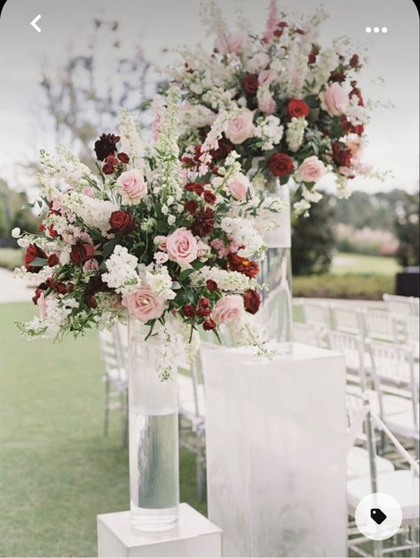 Burgundy And Blush Altar Arrangement, Burgundy And Blush Floral Arrangements, Burgundy And Pink Flower Centerpieces, Burgundy Blush And Silver Wedding, Burgundy Blush Centerpiece Wedding, Blush Pink And Burgundy Wedding Flowers, Burgundy Blush Flowers, Wedding Decor Burgundy And Blush, Red Blush White Wedding