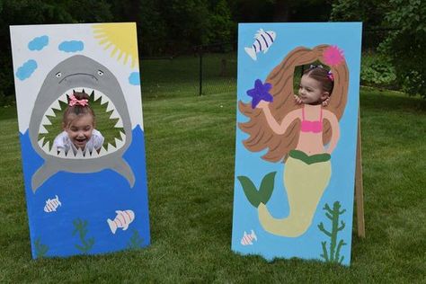 DIY shark and mermaid "face in hole" photo props, painted plywood Face In Hole Photo Board, Mermaid And Shark Birthday Party, Shark And Mermaid, Shark Pirate, Mermaid Birthday Party Ideas, Mermaid Face, Painted Plywood, Pirate Photo, King Triton